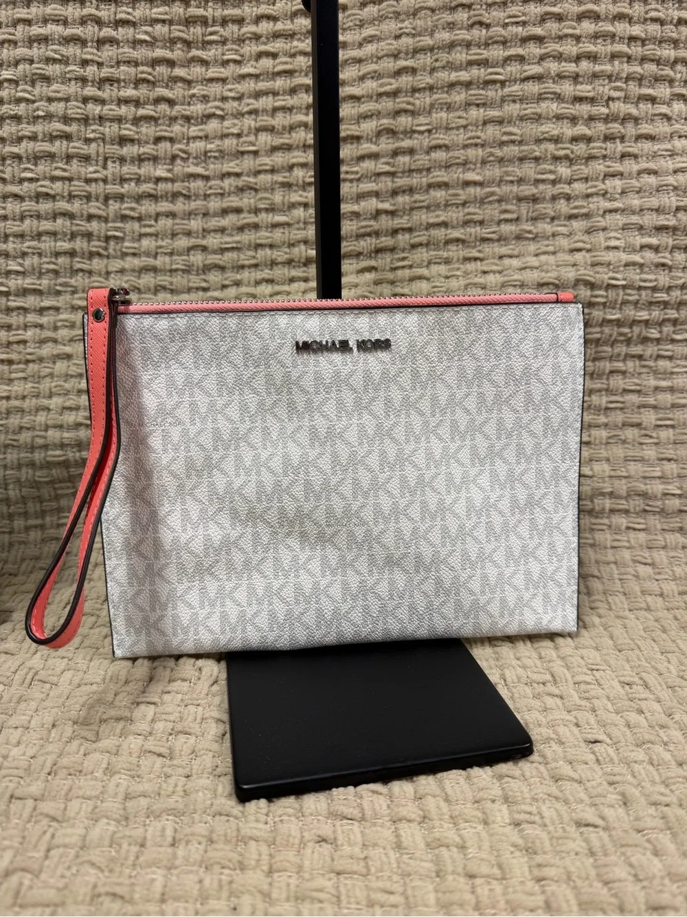 Michael Kors White Signature Wristlet with Pink Trim